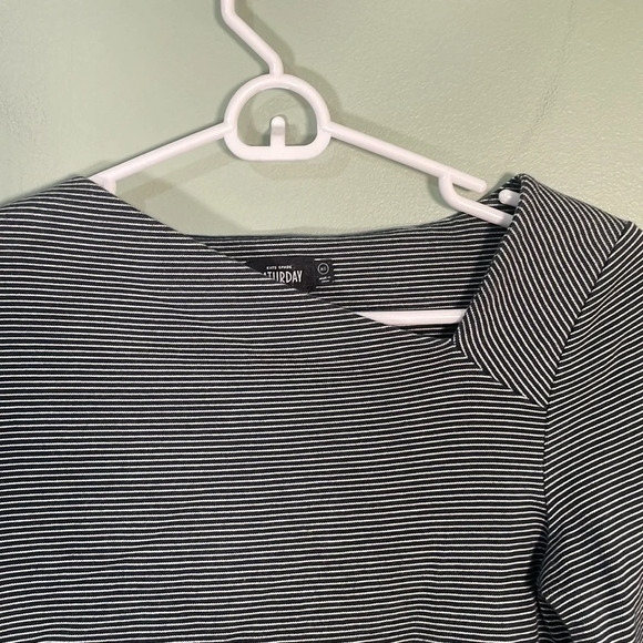 Kate Spade Saturday Shirt Black Gray Striped Asymmetrical Neck size XS‎ - Picture 3 of 6